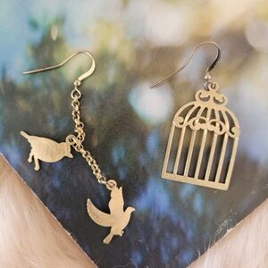 Gold Bird Cage and Bird Earrings